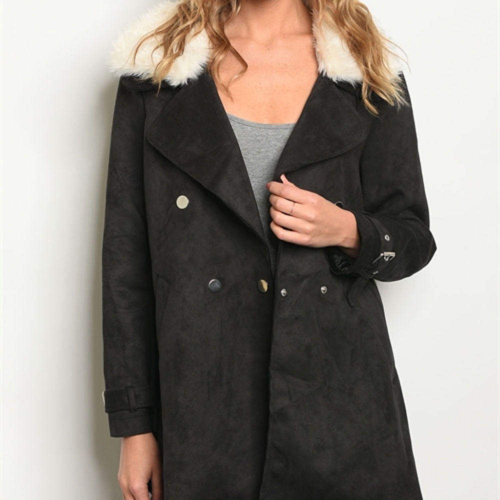 Black faux suede & fur collar Coat